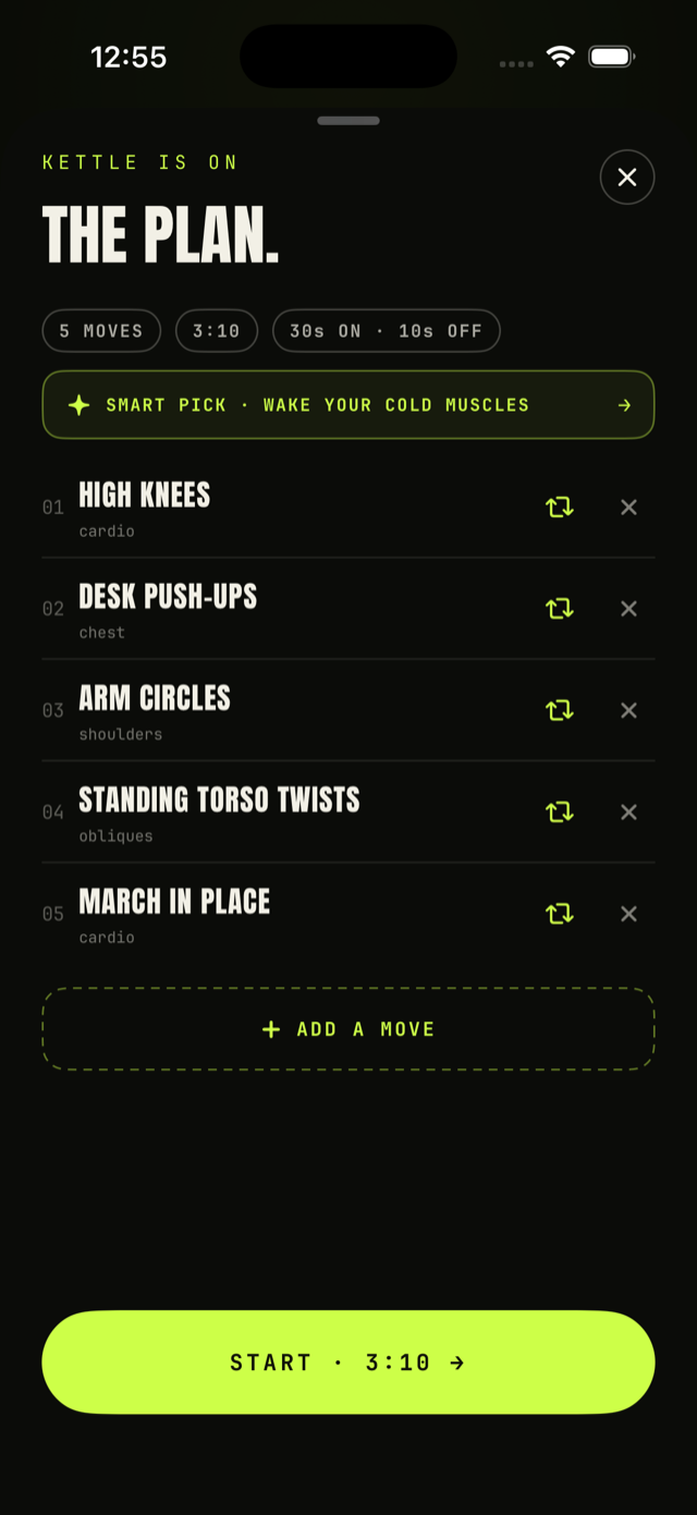THE PLAN: an editable list of moves with reroll and remove controls