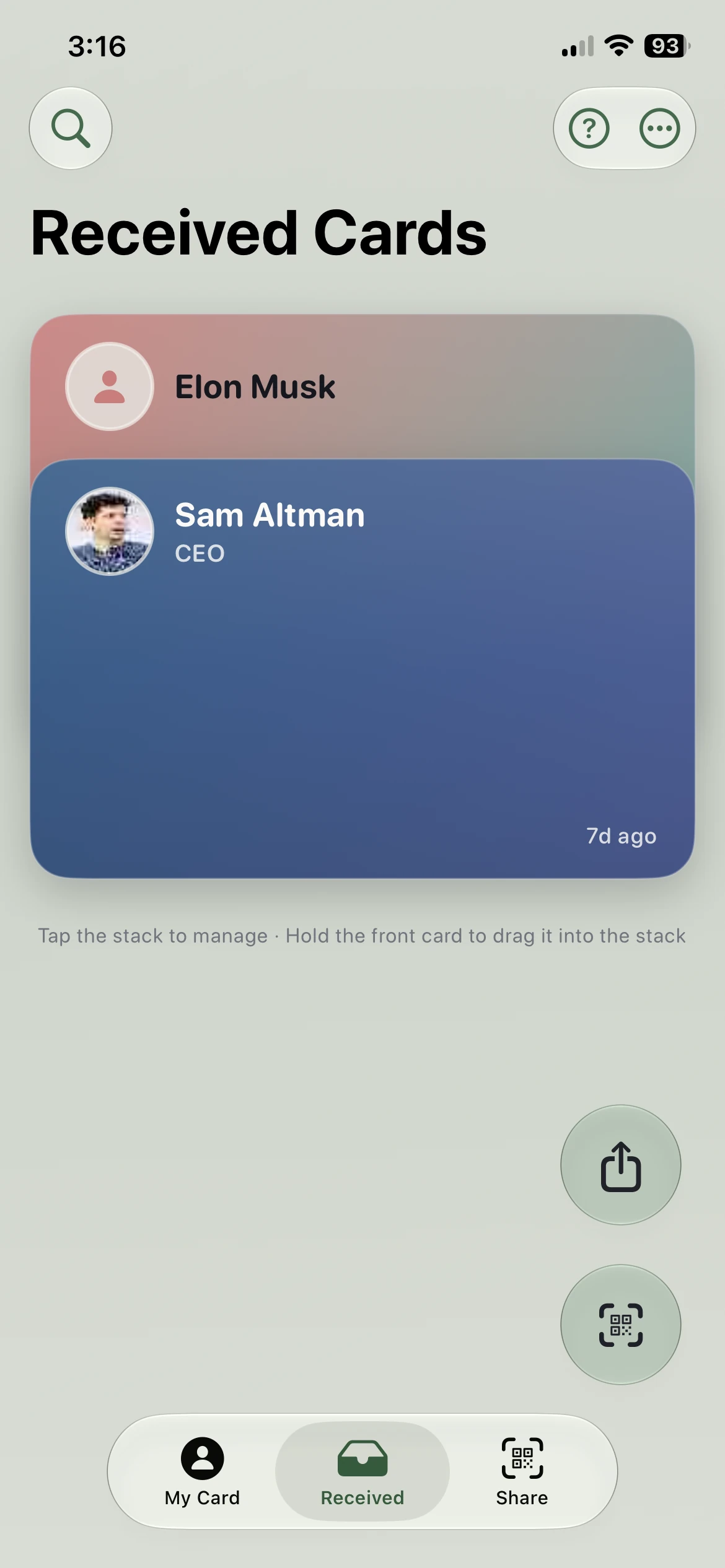 Received Cards screen with a stack of saved cards