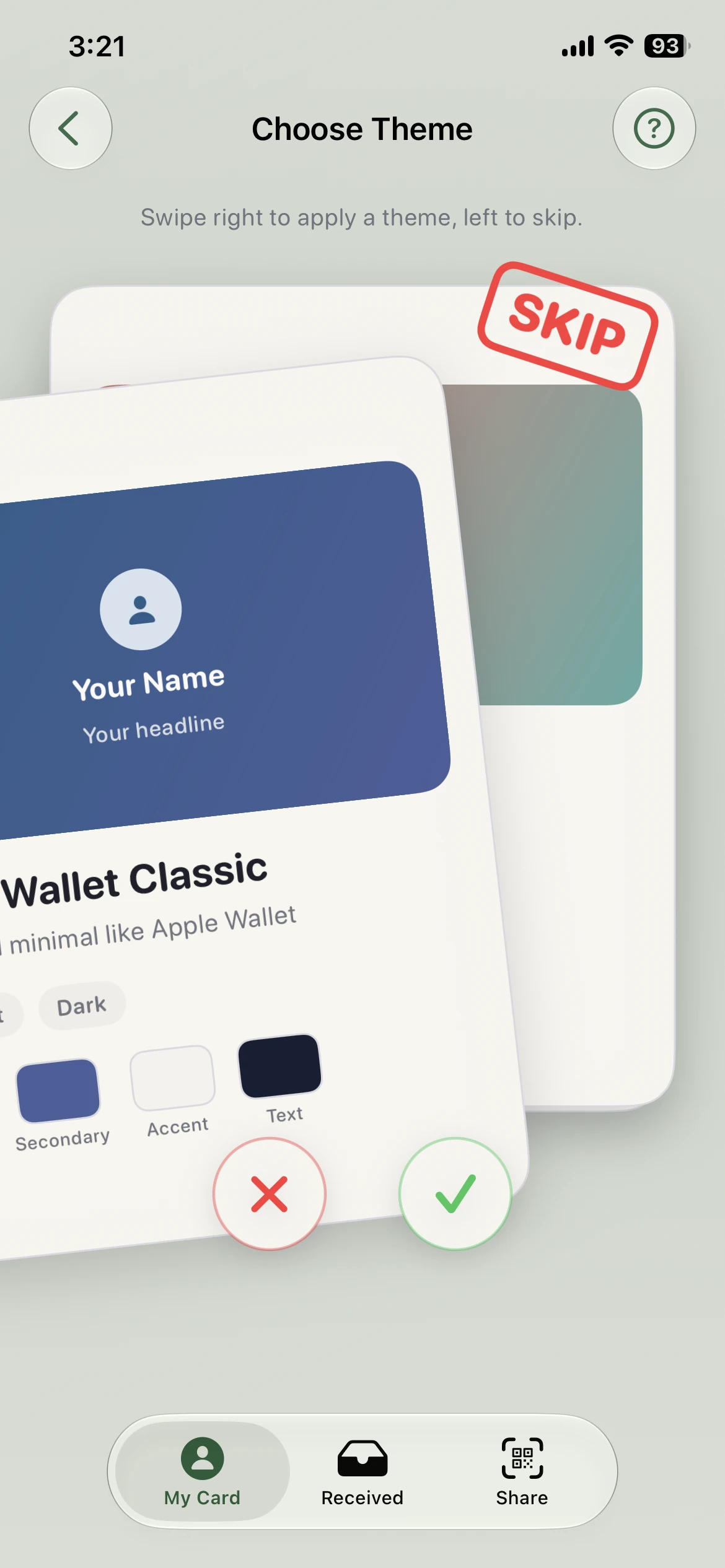 Choose Theme screen with swipeable theme cards