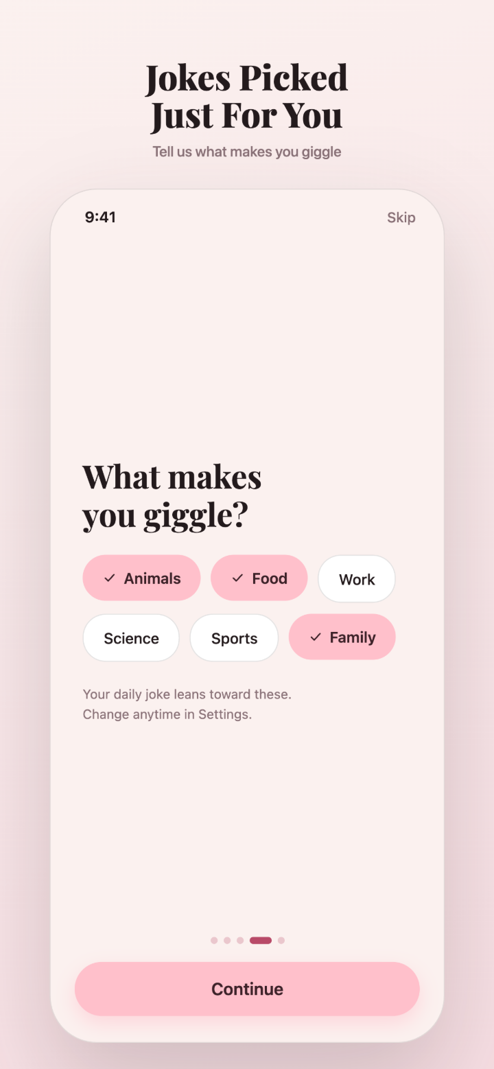 iDadJoke onboarding category picker.