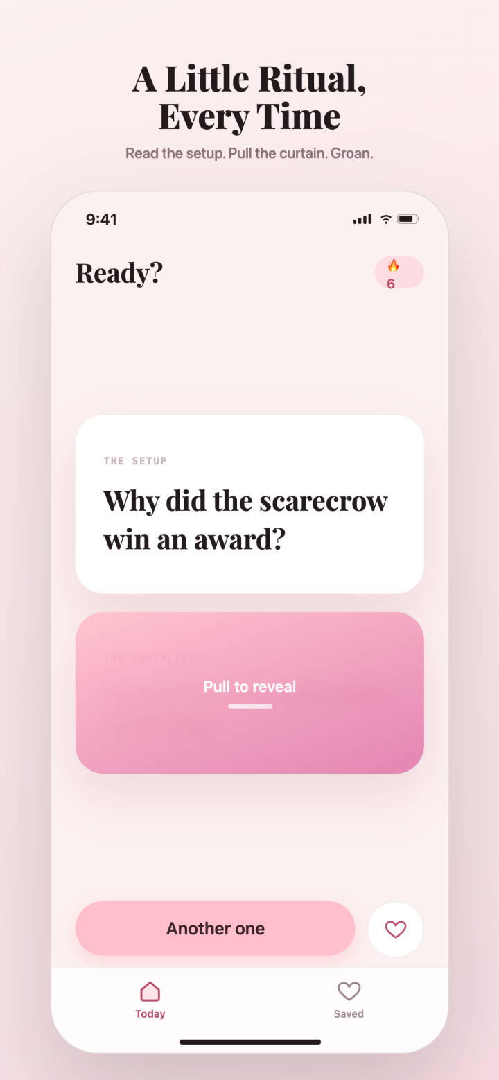 iDadJoke pull-to-reveal punchline screen.