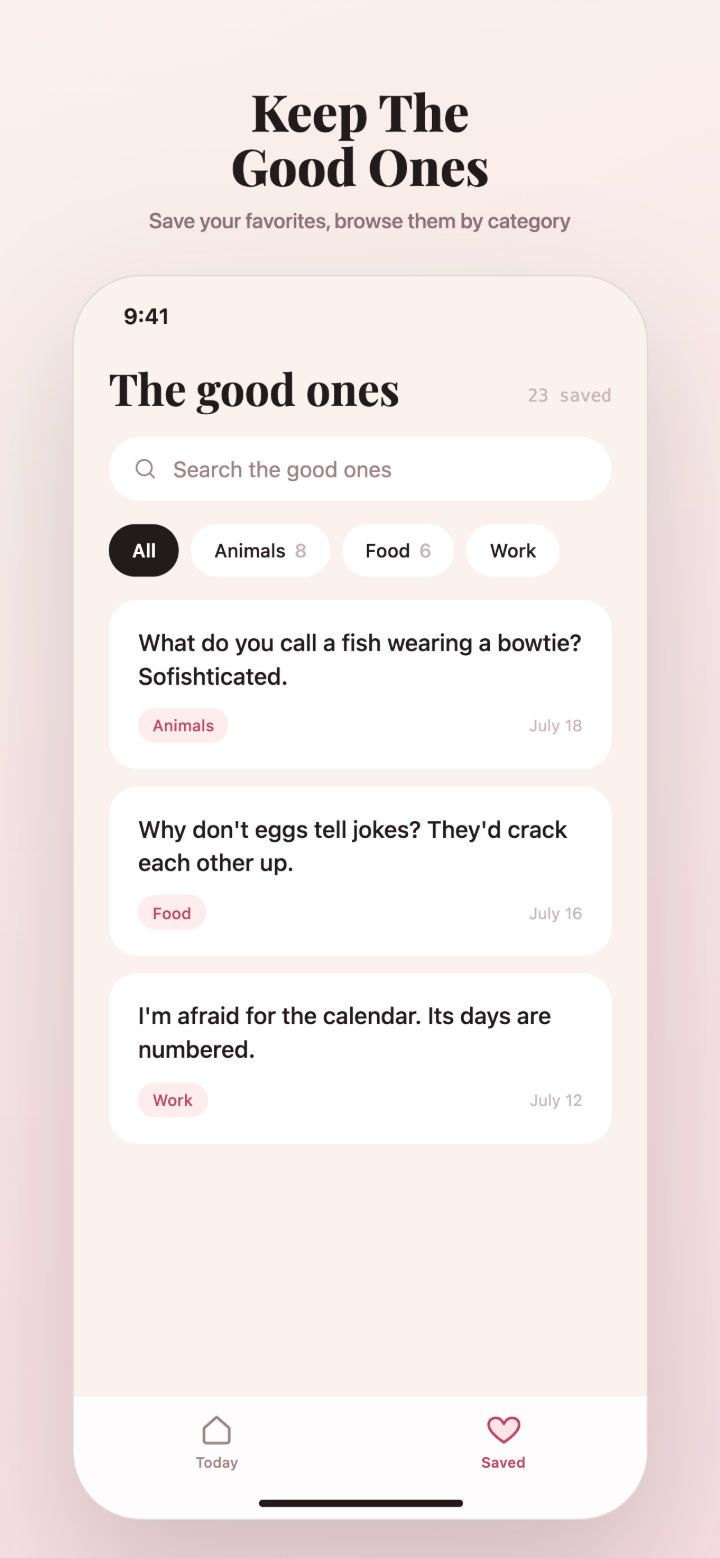 iDadJoke saved jokes browsed by category.