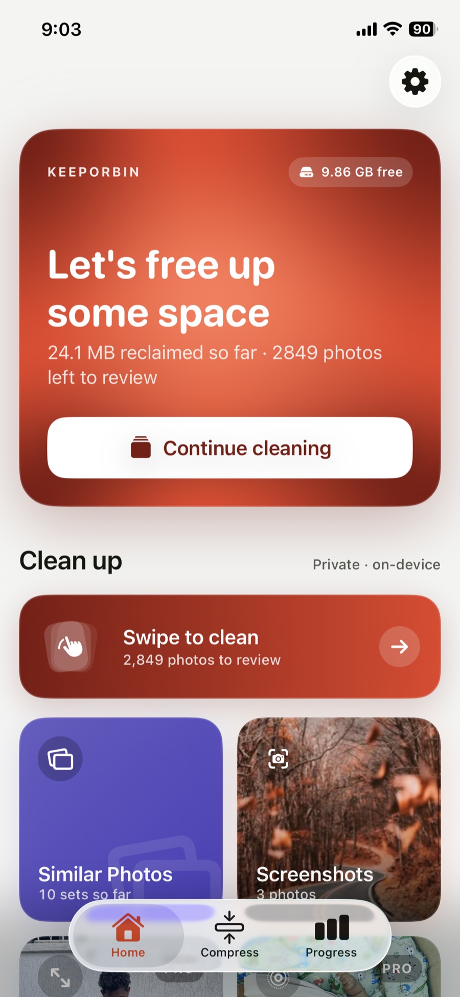 KeepOrBin showing 9.85 GB free and 2,849 photos left to review