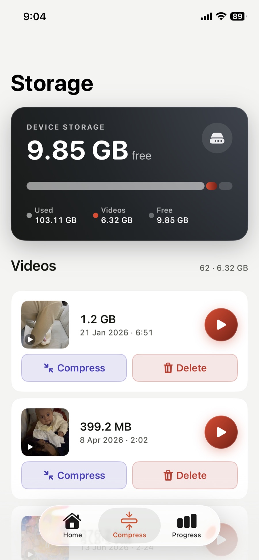 Videos ranked by size with compression savings