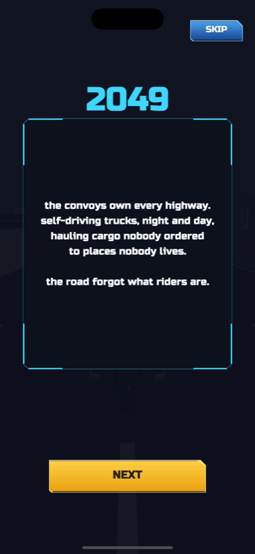 The story intro: 2049, the convoys own every highway
