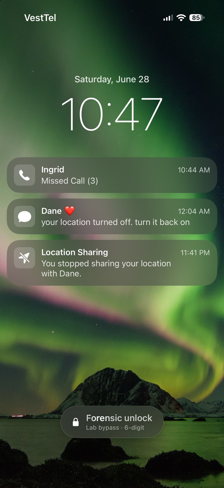 LAST SEEN gameplay — the victim's locked phone with missed calls and a chilling location notification
