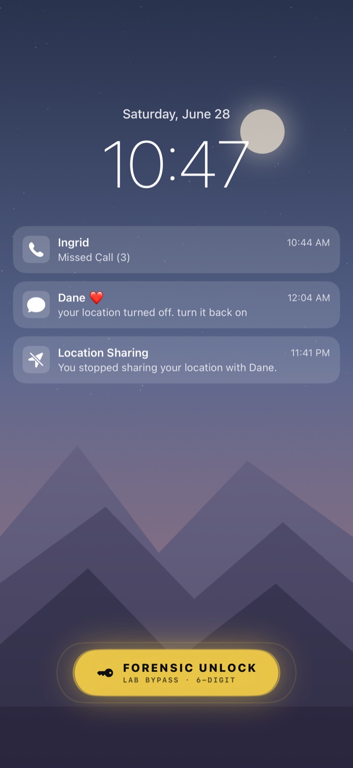 LAST SEEN gameplay — the victim's locked phone with missed calls and a chilling location notification