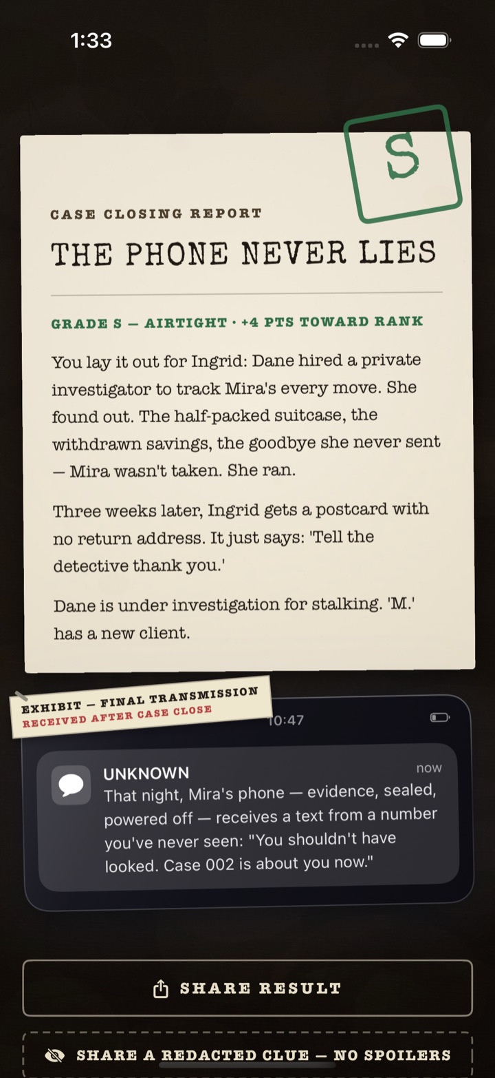 A graded case verdict stamped S in LAST SEEN