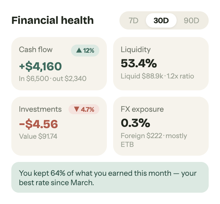 Financial health: cash flow, liquidity, investments, and FX exposure over 30 days