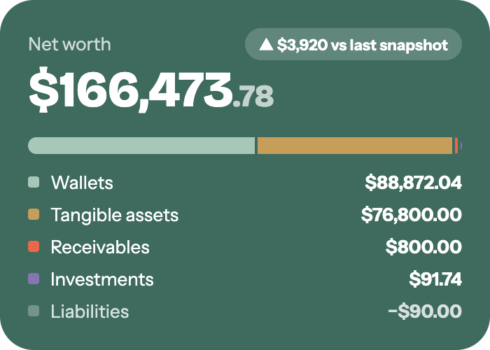 Net worth breakdown: $166,473.78 across wallets, tangible assets, receivables, investments, and liabilities