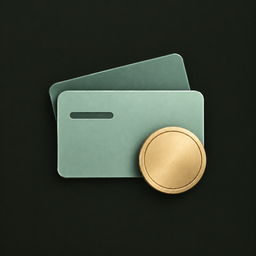 Ledgerly’s dark icon: sage metal cards and a gold coin