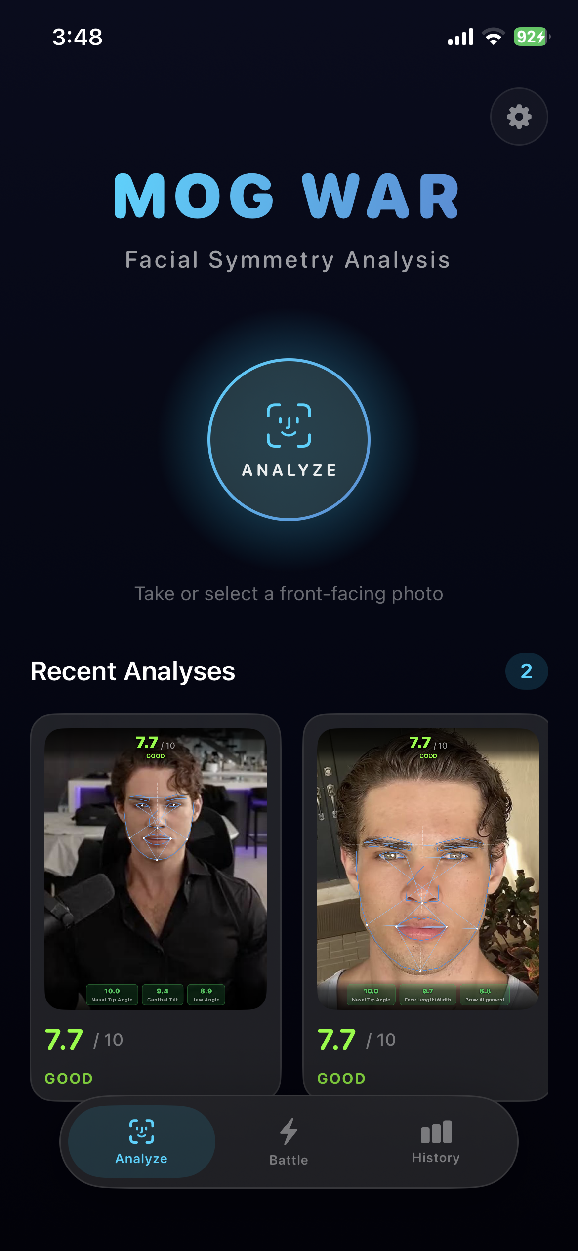 Mog War home screen with recent facial symmetry analyses.