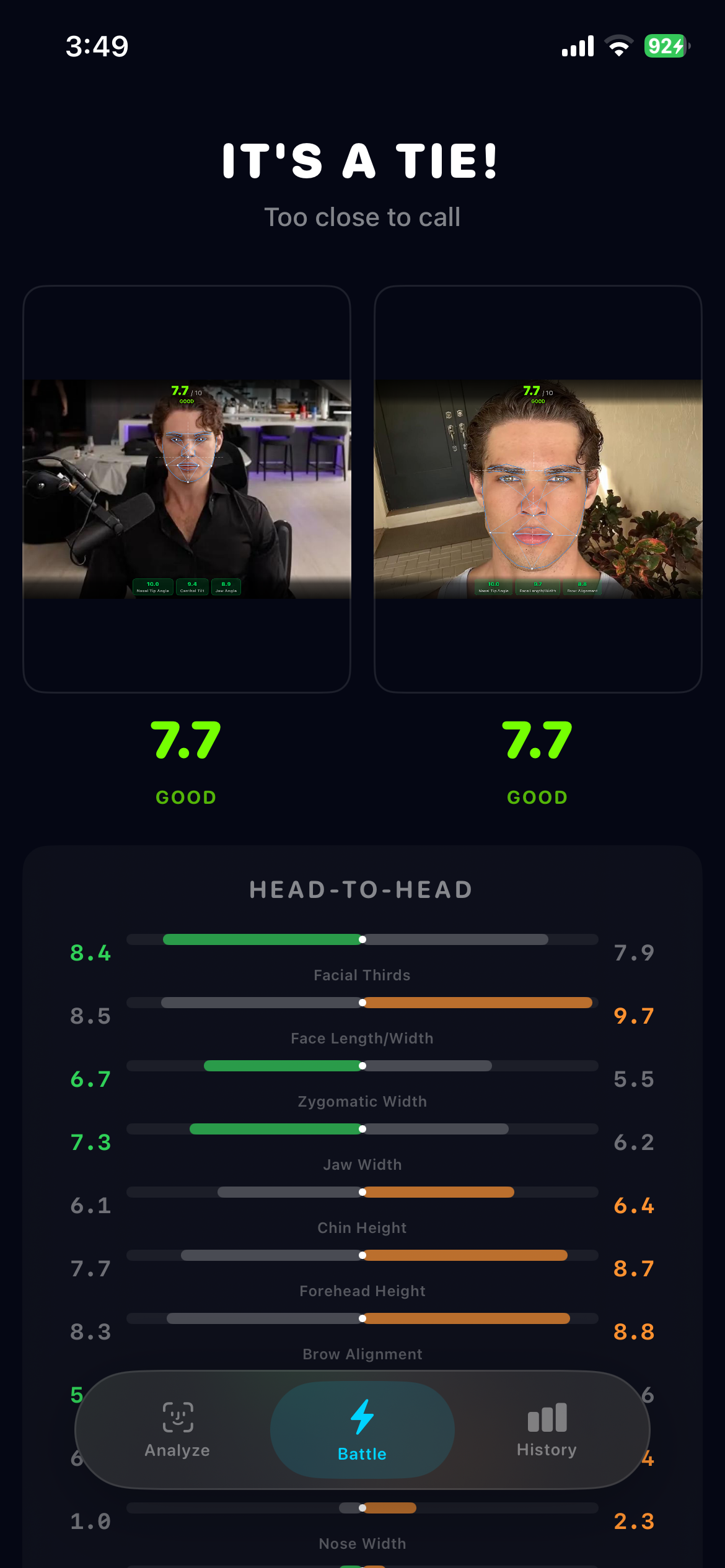 Mog War battle screen comparing two facial symmetry results.