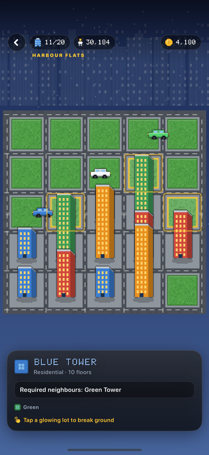 The city grid with a build contract showing