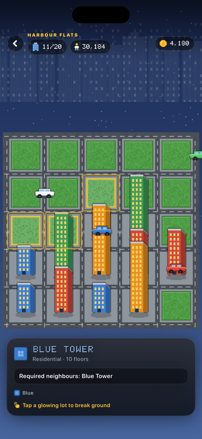 The city grid with a build contract showing