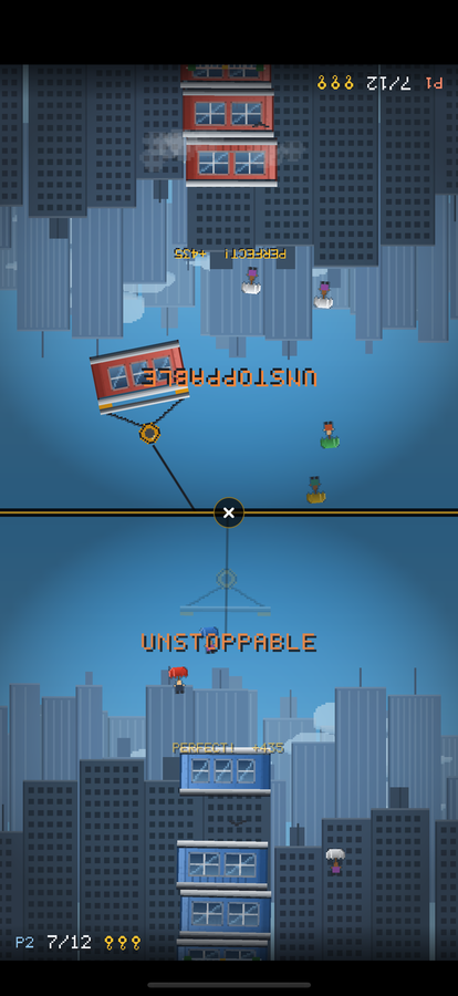 Split screen with two players building separate towers