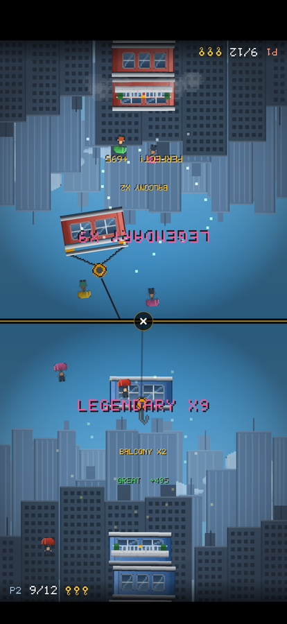 Split screen with two players building separate towers