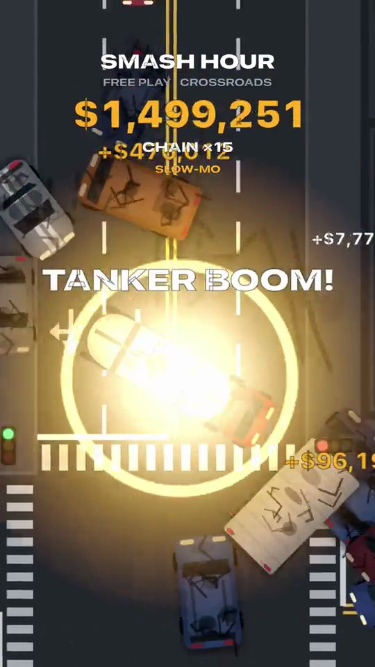 A rush-hour pileup in Smash Hour, in slow motion.
