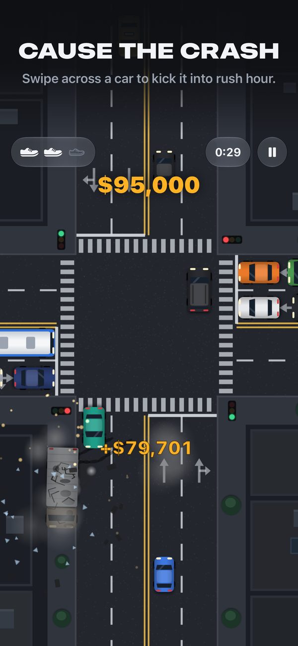 Swipe across a car to kick it into the junction.