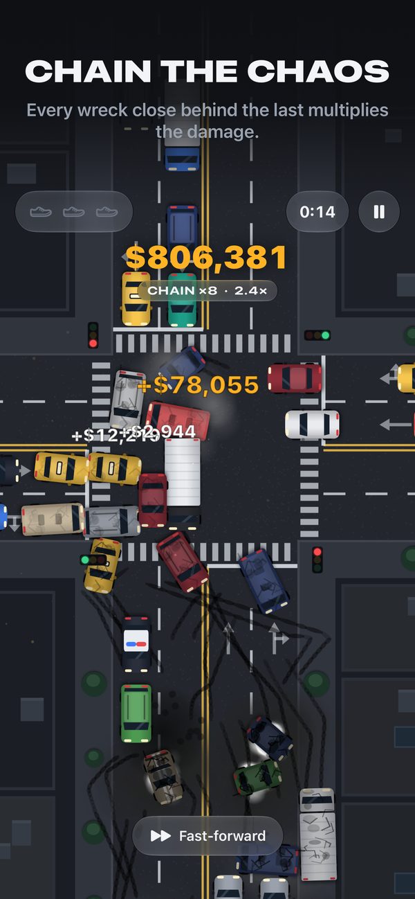 A chain of wrecks raising the multiplier.